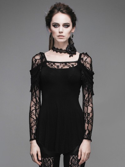 Devil Fashion Romantic Black Lace Long Sleeves Gothic T-shirt for Women