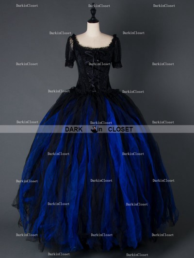 Black and Blue Gothic Corset Long Prom Gown