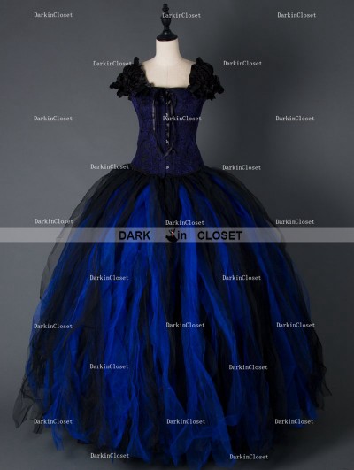 Black and Blue Gothic Corset Long Prom Party Dress