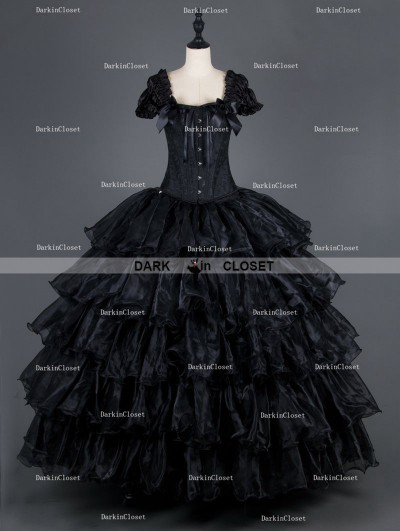 Black Cap Sleeves Gothic Corset Long Multilayer Prom Party Gown