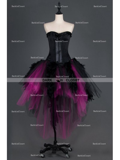 Black and Fuchsia Feather Gothic Burlesque Corset Irregular Prom Party Dress