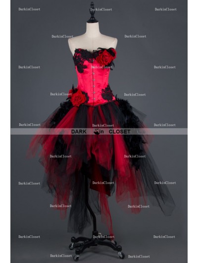 Black and Red Rose Feather Gothic Burlesque Corset Irregular Prom Party Dress