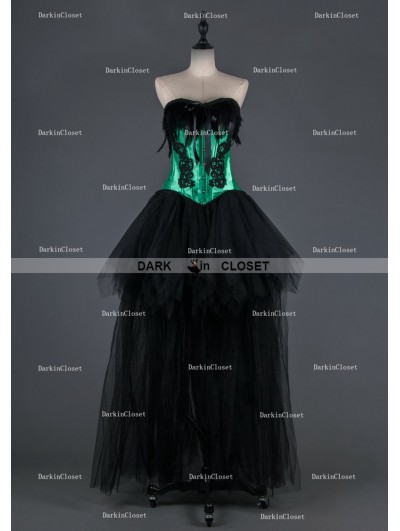 Black and Green Feather Gothic Burlesque Corset High-Low Prom Party Dress