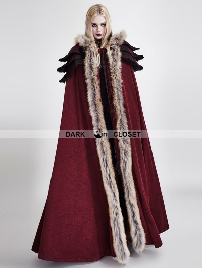 Punk Rave Red Gothic Wool Collar Long Cloak for Women