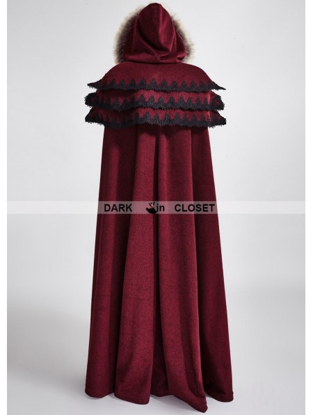 Punk Rave Red Gothic Wool Collar Long Cloak for Women - DarkinCloset.com