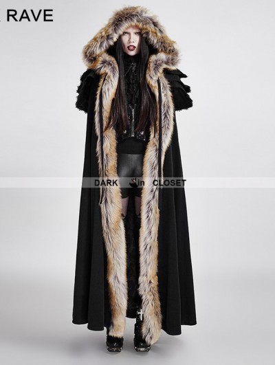 Punk Rave Black Gothic Wool Collar Long Cloak for Women