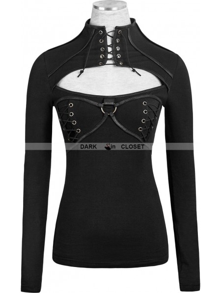 Punk Rave Black High Collar Steampunk T-Shirt for Women - DarkinCloset.com