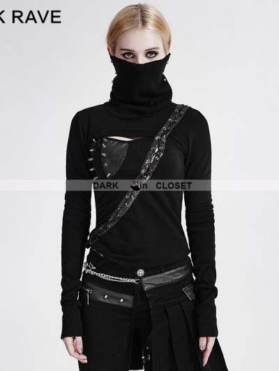 Punk Rave Black Gothic Asymmetrical Knit Punk T-Shirt for Women