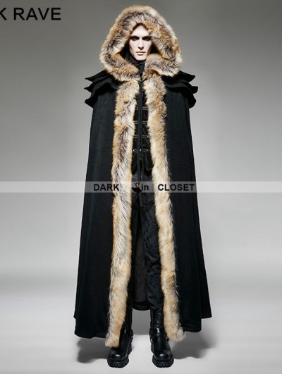 Punk Rave Black Gothic Wool Collar Long Cloak for Men