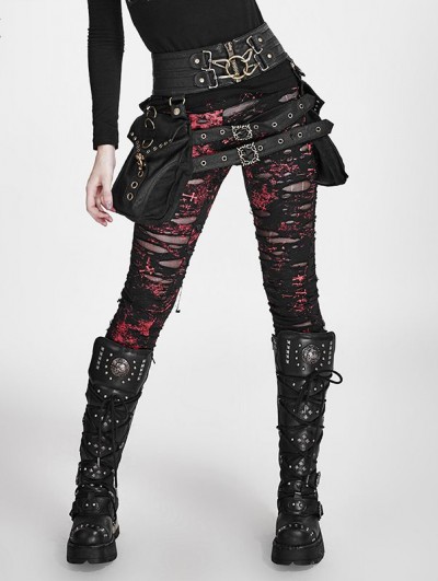 Punk Rave Red Gothic Broken Mesh Leggings 