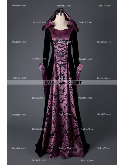 Medieval Night Black and Purple Velvet Vintage Medieval Hooded Dress