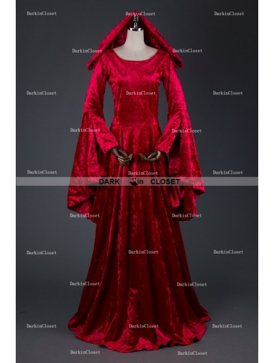 Medieval Night Red Velvet Medieval Hooded Dress