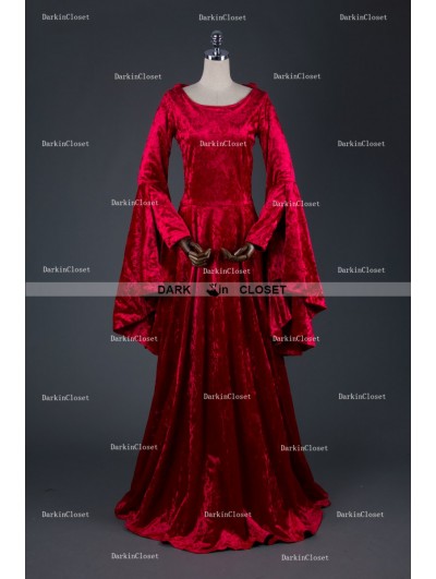 Medieval Night Red Velvet Medieval Hooded Dress - DarkinCloset.com