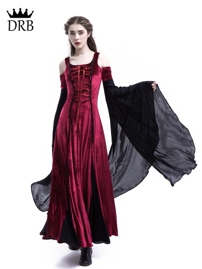 Medieval Night Wine Red Velvet Off-the-Shoulder Medieval Dress