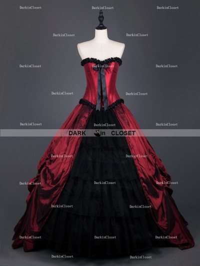 Rose Blooming Red Gothic Corset Long Prom Ball Gowns