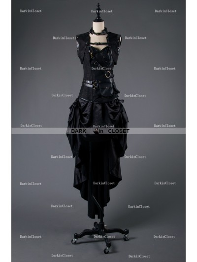 Rose Blooming Black Steampunk Gothic Corset Burlesque High-Low Prom Party Dress