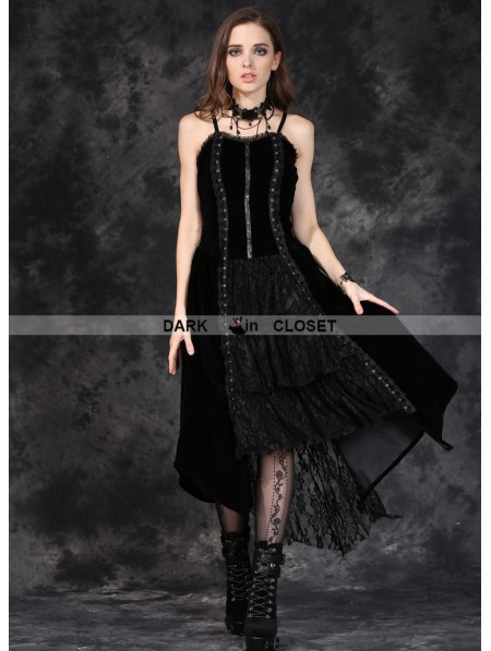 Dark in Love Black Gothic Punk Velet Dress with Jacquard Lace ...