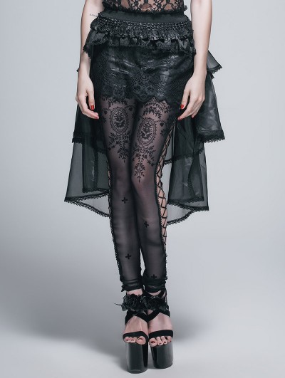 Devil Fashion Black Lace and Gauze High-Low Gothic Skirt