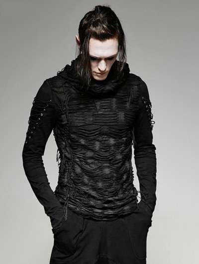 Punk Rave Black Gothic Hole Hooded T-Shirt for Men