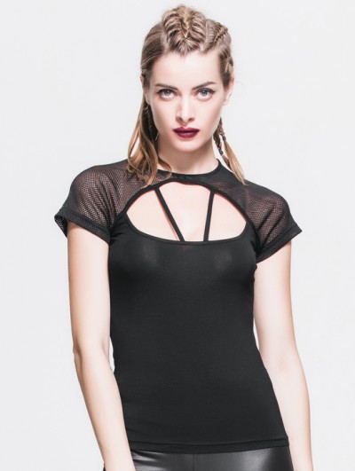 Devil Fashion Black Short Sleeves Gothic Sexy Back Shirt for Women