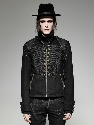 Punk Rave Black Gothic Military Uniform Short Coat with Removable Sleeves for Men