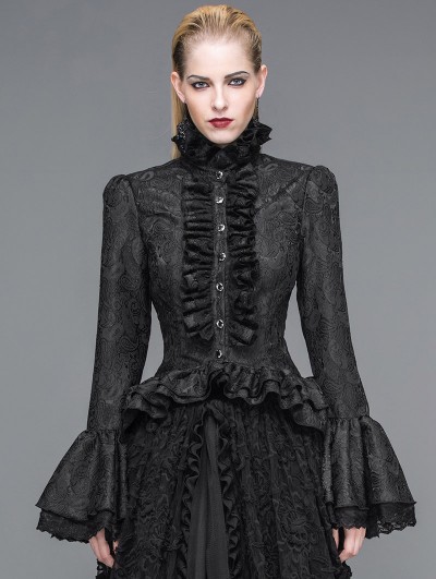 Devil Fashion Black Gothic Palace Style Jacquard Ruffles Blouse for Women