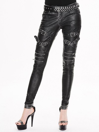 Devil Fashion Black and Sliver Gothic Buckle Belt PU Pants for Women