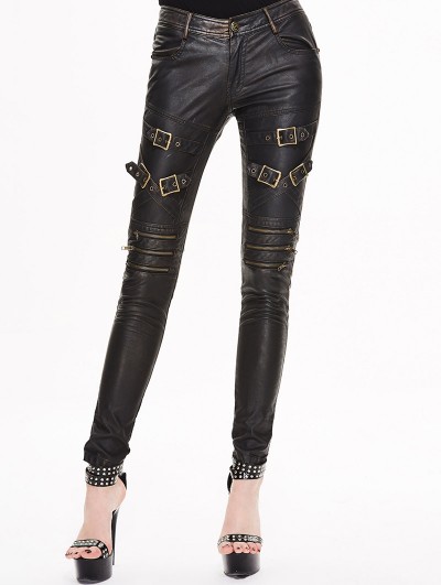 Devil Fashion Black and Bronze Gothic Buckle Belt PU Pants for Women