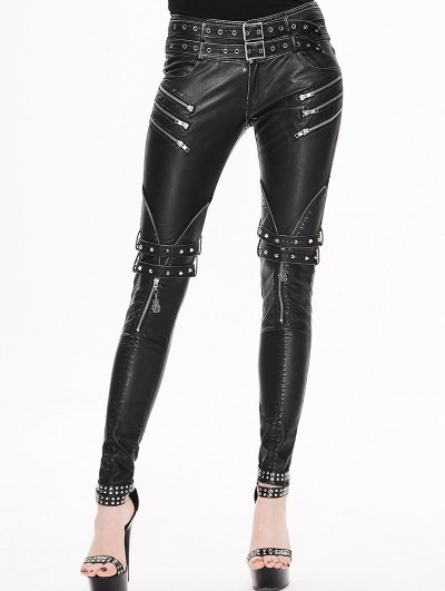 Devil Fashion Black and Sliver Gothic Buckle Belt Rivet PU Pants for Women