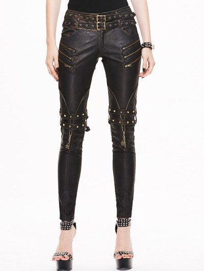 Devil Fashion Black and Bronze Gothic Buckle Belt Rivet PU Pants for Women