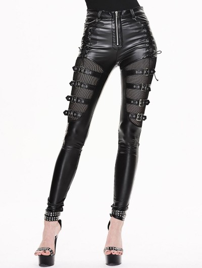 Devil Fashion Black Gothic Buckle Belt Mesh Legging for Women