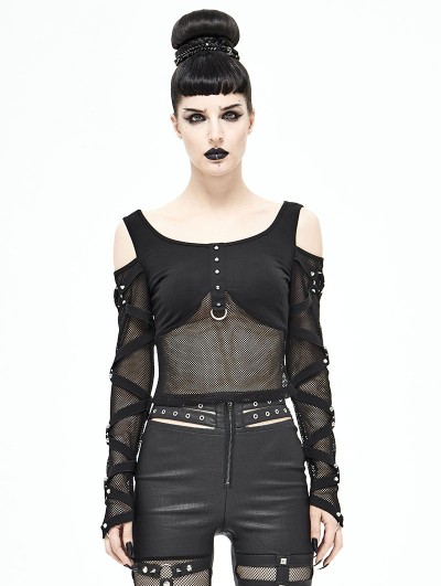 Devil Fashion Black Off-the-Shoulder Gothic Punk Mesh T-Shirt for Women