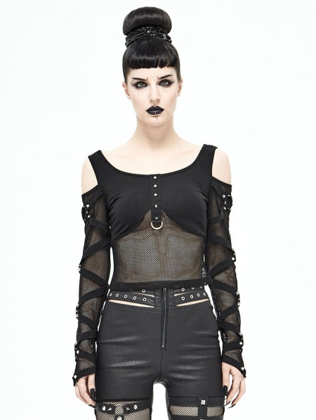 Devil Fashion Black Off-the-Shoulder Gothic Punk Mesh T-Shirt for Women ...