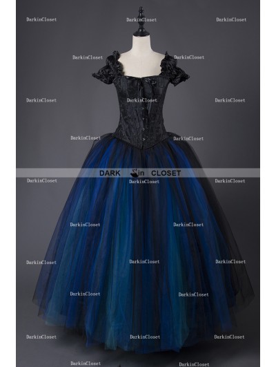 Rose Blooming Romantic Gothic Cap Sleeves Blue Corset Long Prom Party Dress 