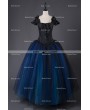 Rose Blooming Romantic Gothic Cap Sleeves Blue Corset Long Prom Party Dress 