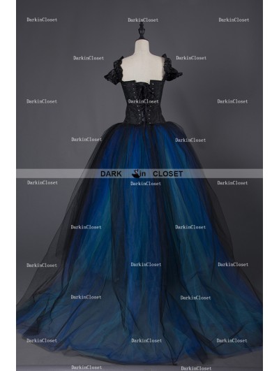 Rose Blooming Romantic Gothic Cap Sleeves Blue Corset Long Prom Party Dress  - DarkinCloset.com