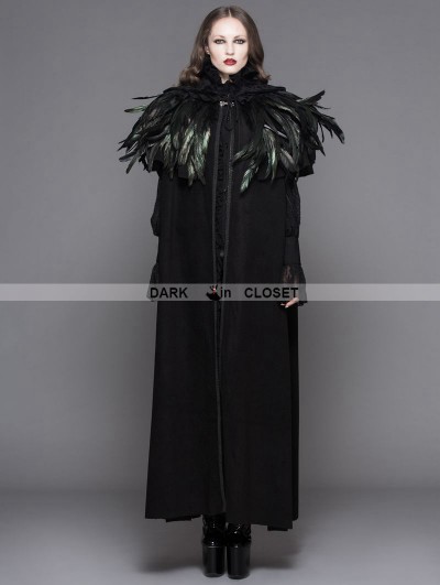 Devil Fashion Black Gothic Removable Dark Green Feather Hooded Cape for Women