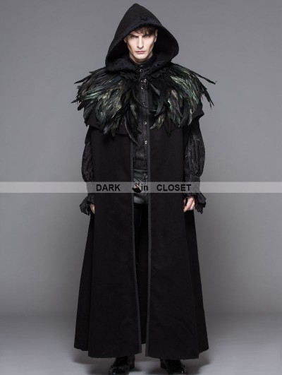 Devil Fashion Black Gothic Removable Dark Green Feather Hooded Cape for Men 