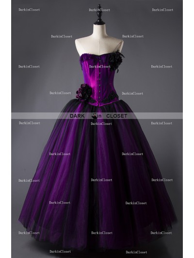 Rose Blooming Romantic Purple and Black Feather and Flower Gothic Corset Long Prom Dress  