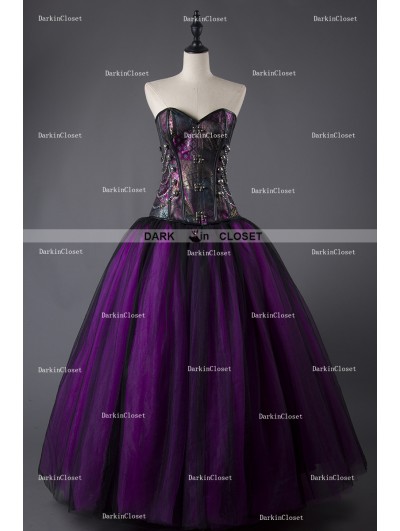 Rose Blooming Purple and Black Steampunk Style Gothic Corset Long Prom Dress