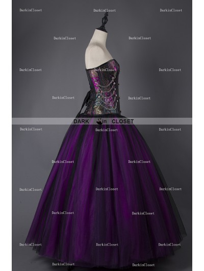 Rose Blooming Purple and Black Steampunk Style Gothic Corset Long Prom Dress  