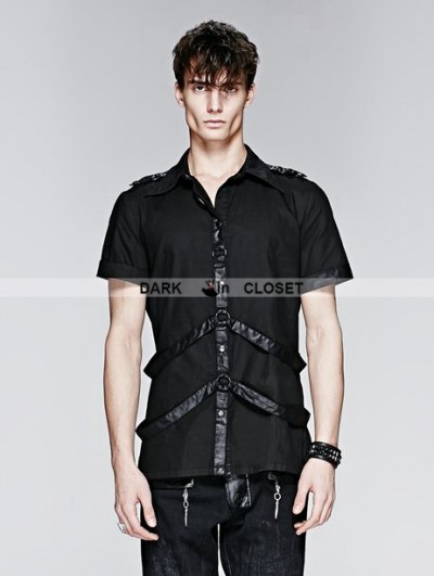 Punk Rave Black Gothic Man Short Sleeves Shirt With Leather Loops