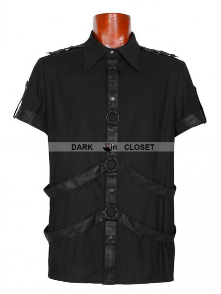 Punk Rave Black Gothic Man Short Sleeves Shirt With Leather Loops ...
