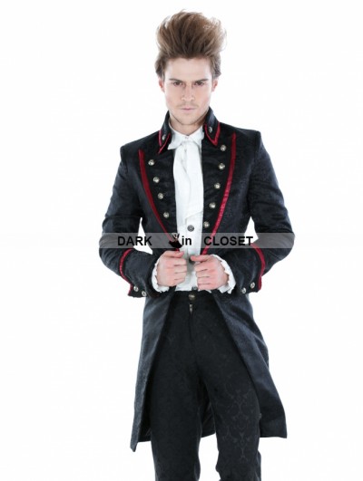 Punk Rave Black Gothic Palace Style Mens Long Jacket with Red Hem