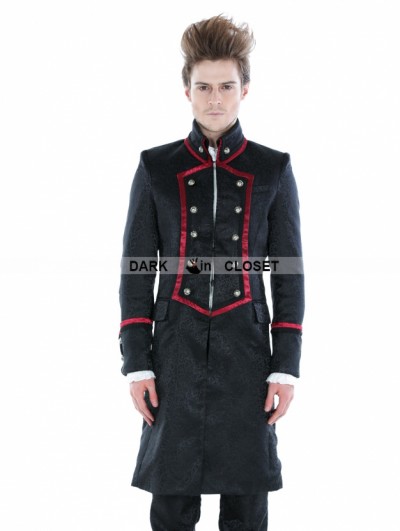 Pentagramme Black Gothic Military Style Male Long Coat with Red Hem