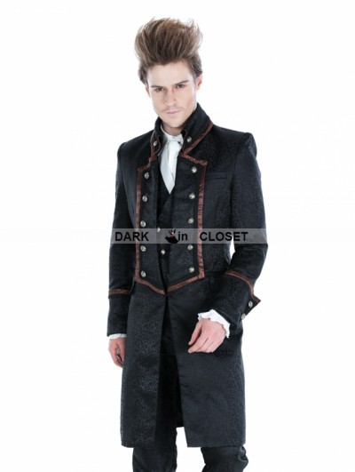 Punk Rave Black Gothic Military Style Male Long Coat with Coffee Hem