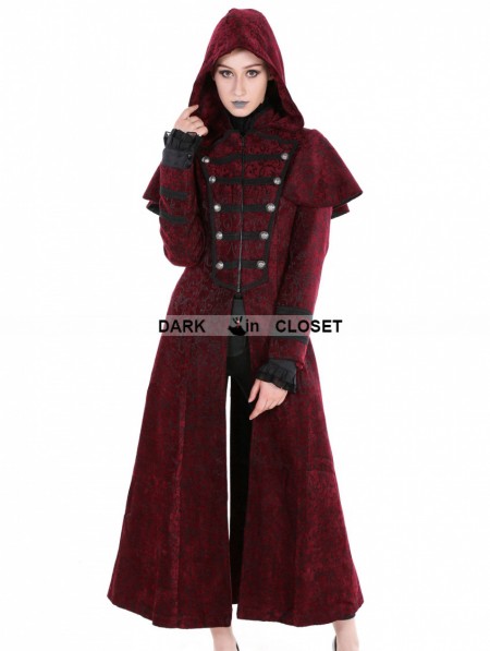 Pentagramme Red Gothic Military Style Long Hoodie Cape Coat For Women ...