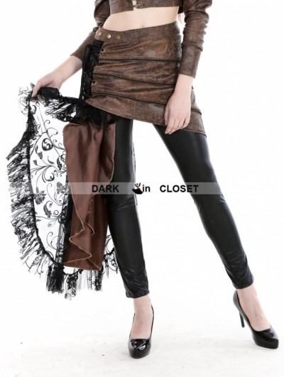 Punk Rave Coffee Steampunk PU Skirt with Lace Side