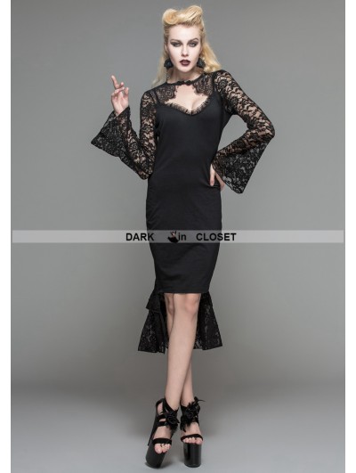 Devil Fashion Black Gothic Pencil Midi Dress with Lace Sleeves