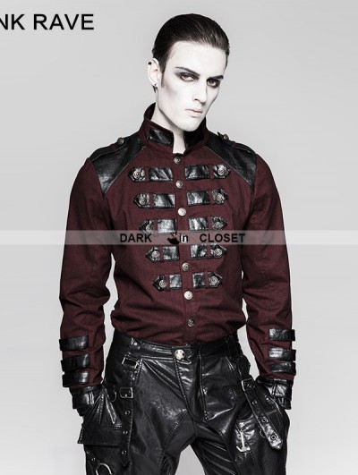 Punk Rave Red Gothic Loop Military Uniform Long Sleeve Shirt for Men